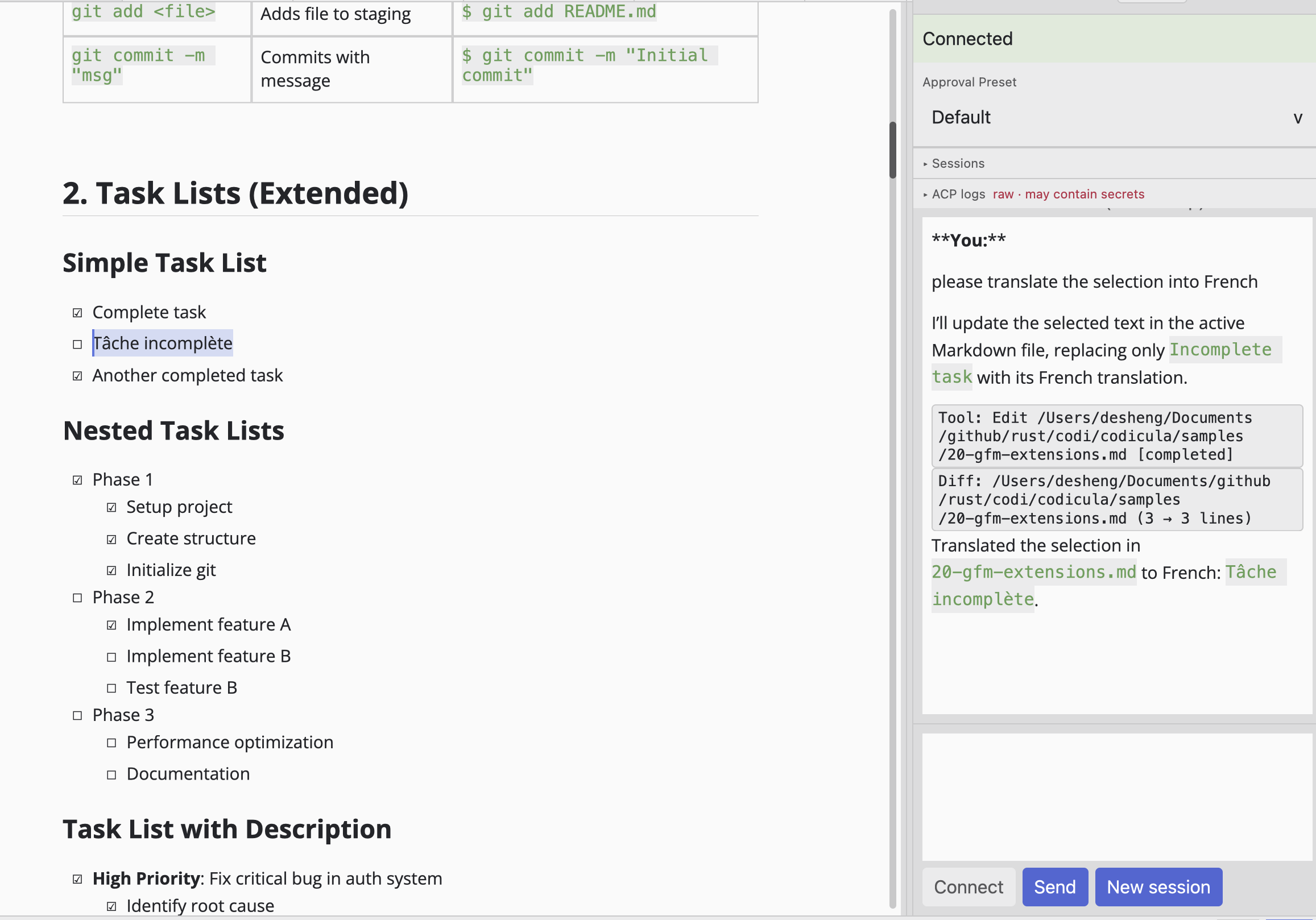 Codicula editing a Markdown document with the ACP agent panel connected — an agent translating a selection and editing the file in place
