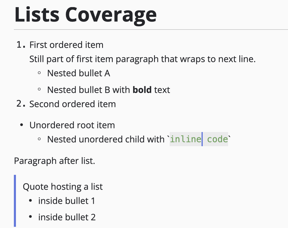 Codicula WYSIWYG editing: nested lists, bold text, and inline code